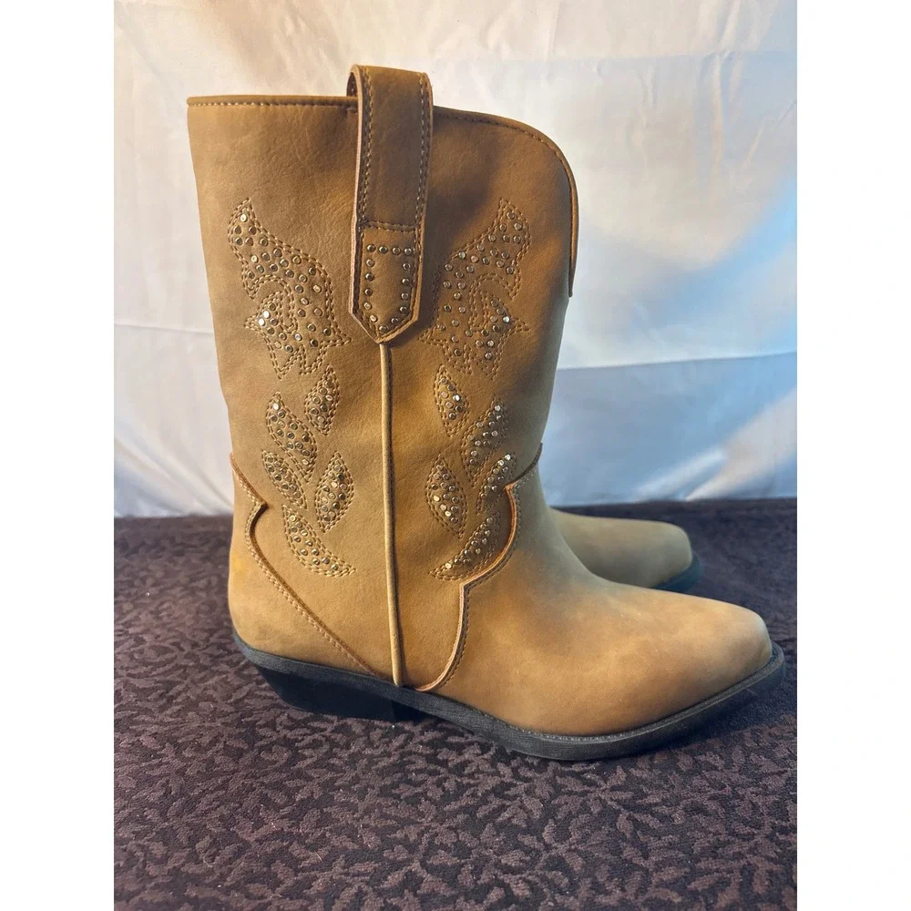 Call It Spring Tan Rhinestone Embellished Western Cowboy Boots Womens - Picture 5 of 12